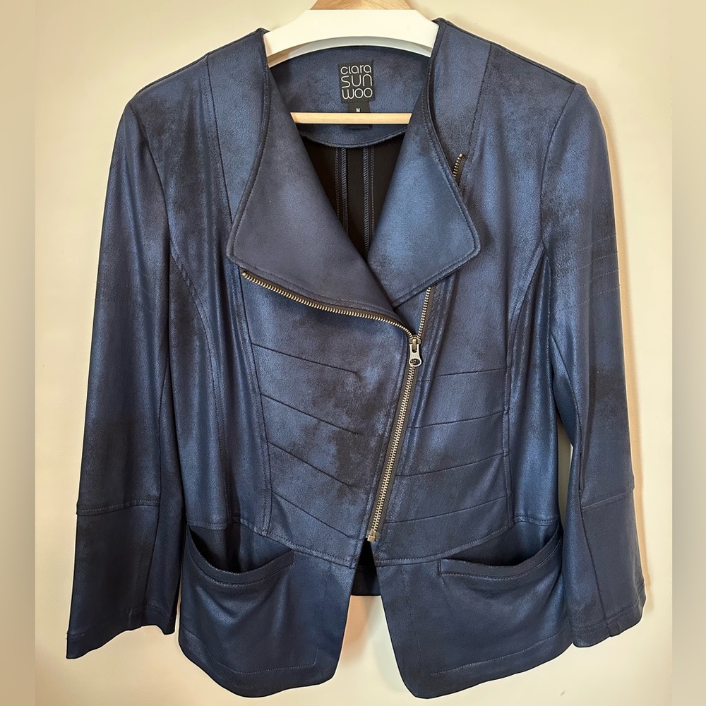 NWOT Clara Sunwoo Women's Blue/Black Moto Jacket. Size Medium.